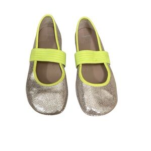 Camper Girls Right Ballerina Leather Flat Shoes Silver Neon Yellow Size 35 (US3)
